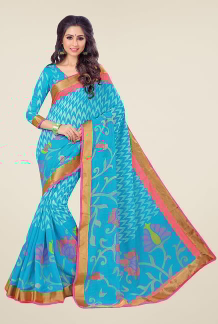 Salwar Studio Aqua Cotton Blend Floral Print Saree Salwar Studio Aqua Cotton Blend Floral Print Saree
