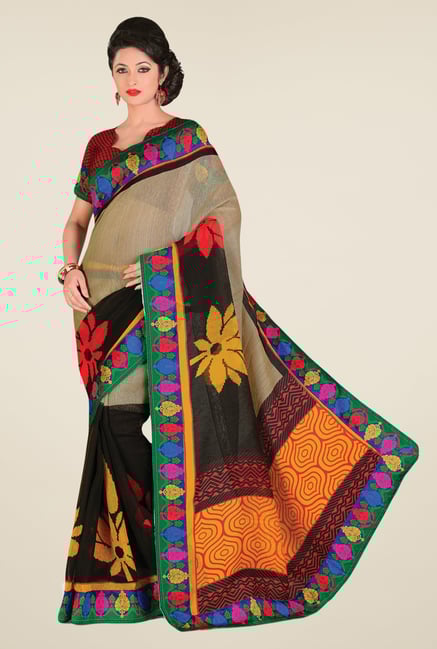 Salwar Studio Black & Beige Cotton Blend Floral Print Saree Salwar Studio Black & Beige Cotton Blend Floral Print Saree