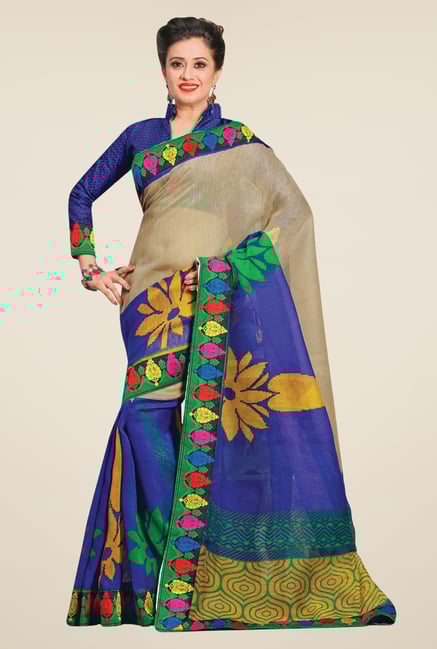 Salwar Studio Beige & Blue Cotton Blend Floral Print Saree Salwar Studio Beige & Blue Cotton Blend Floral Print Saree
