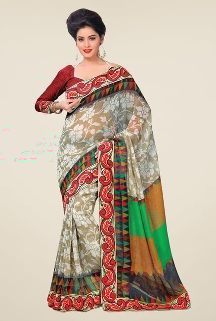 Salwar Studio Off White & Red Floral Print Saree Salwar Studio Off White & Red Floral Print Saree