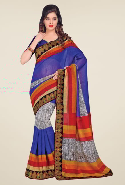 Salwar Studio Blue & Grey Cotton Blend Printed Saree Salwar Studio Blue & Grey Cotton Blend Printed Saree