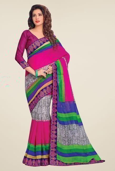 Salwar Studio Pink & Grey Cotton Blend Printed Saree Salwar Studio Pink & Grey Cotton Blend Printed Saree