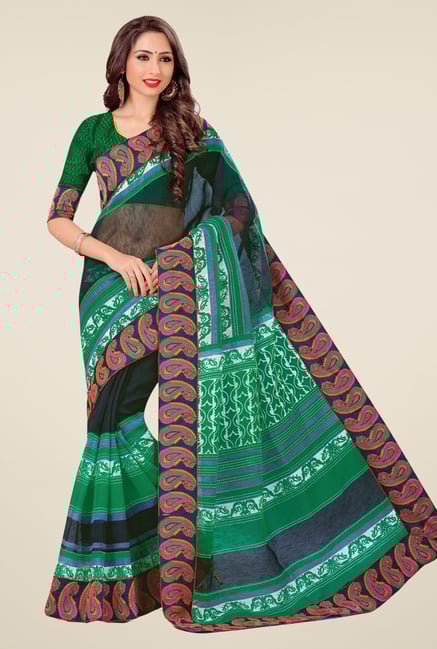 Salwar Studio Green Cotton Blend Paisley Print Saree Salwar Studio Green Cotton Blend Paisley Print Saree