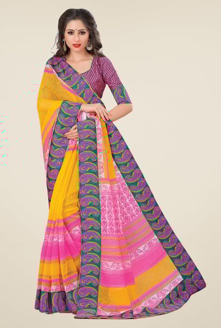 Salwar Studio Yellow & Pink Cotton Blend Paisley Print Saree Salwar Studio Yellow & Pink Cotton Blend Paisley Print Saree