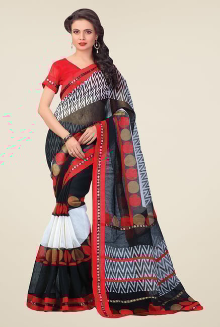 Salwar Studio Black & Red Cotton Blend Printed Saree Salwar Studio Black & Red Cotton Blend Printed Saree