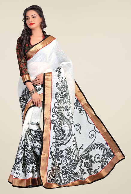 Salwar Studio White & Black Cotton Blend Printed Saree Salwar Studio White & Black Cotton Blend Printed Saree