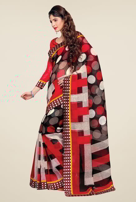 Salwar Studio Red & Black Cotton Blend Polka Dots Saree Salwar Studio Red & Black Cotton Blend Polka Dots Saree