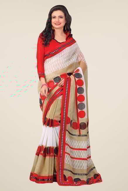 Salwar Studio Khaki & White Cotton Blend Printed Saree Salwar Studio Khaki & White Cotton Blend Printed Saree