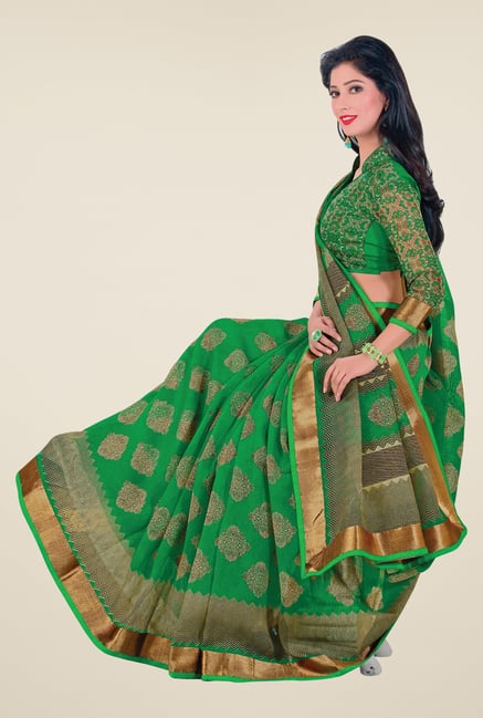 Salwar Studio Green Cotton Blend Printed Saree Salwar Studio Green Cotton Blend Printed Saree