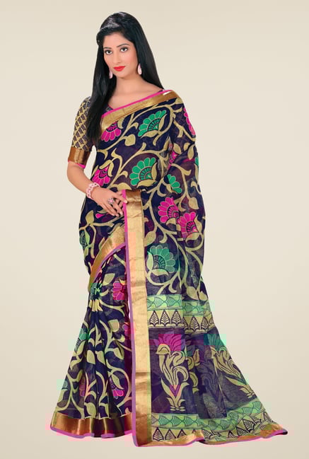 Salwar Studio Navy Cotton Blend Floral Print Saree Salwar Studio Navy Cotton Blend Floral Print Saree