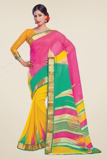Salwar Studio Pink & Yellow Cotton Blend Printed Saree Salwar Studio Pink & Yellow Cotton Blend Printed Saree