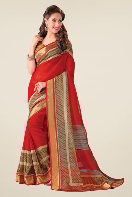 Salwar Studio Red & Beige Cotton Blend Printed Saree Salwar Studio Red & Beige Cotton Blend Printed Saree