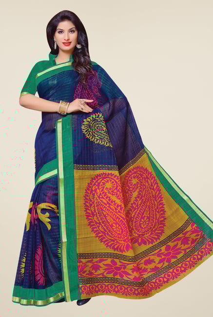 Salwar Studio Navy & Green Cotton Blend Paisley Print Saree Salwar Studio Navy & Green Cotton Blend Paisley Print Saree