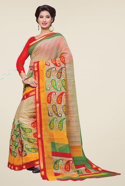 Salwar Studio Beige Cotton Blend Paisley Print Saree Salwar Studio Beige Cotton Blend Paisley Print Saree