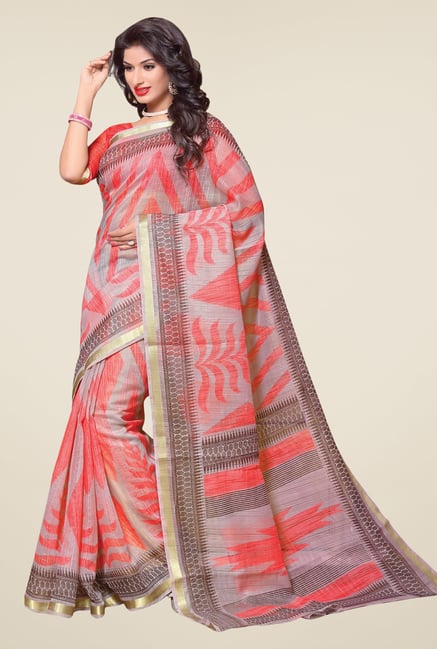 Salwar Studio Grey & Orange Cotton Blend Printed Saree Salwar Studio Grey & Orange Cotton Blend Printed Saree
