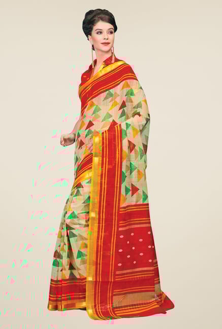 Salwar Studio Cream & Red Cotton Blend Geometric Print Saree Salwar Studio Cream & Red Cotton Blend Geometric Print Saree