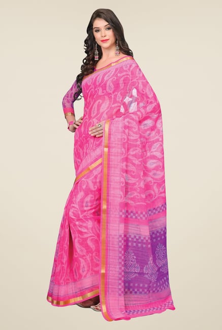 Salwar Studio Pink & Purple Cotton Blend Paisley Print Saree Salwar Studio Pink & Purple Cotton Blend Paisley Print Saree