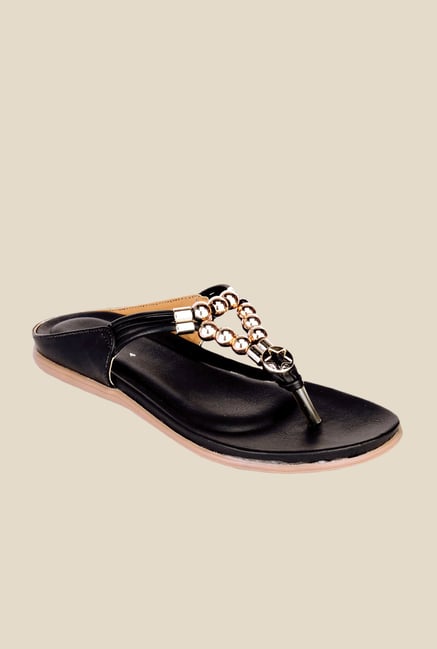 Khadim's Cleo Black & Golden T-Strap Sandals Khadim's Cleo Black & Golden T-Strap Sandals