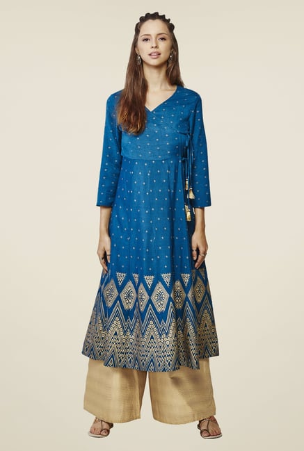 Global Desi Blue Gia Flare Printed Kurta Global Desi Blue Gia Flare Printed Kurta
