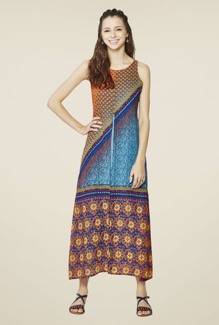 Global Desi Orange & Blue Maxi Dress Global Desi Orange & Blue Maxi Dress