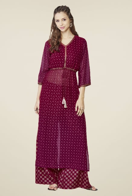 Global Desi Maroon Printed Two Piece Suit Set Global Desi Maroon Printed Two Piece Suit Set