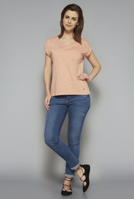 LOV by Westside Peach Textured Lana T Shirt LOV by Westside Peach Textured Lana T Shirt