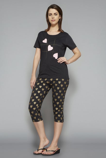 Intima by Westside Grey & Black Heart Print Capri Set Intima by Westside Grey & Black Heart Print Capri Set