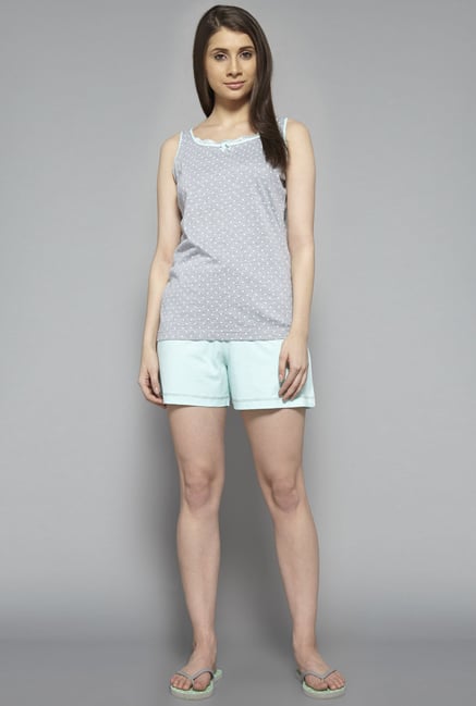 Intima by Westside Turquoise & Grey Polka Dot Shorts Set Intima by Westside Turquoise & Grey Polka Dot Shorts Set