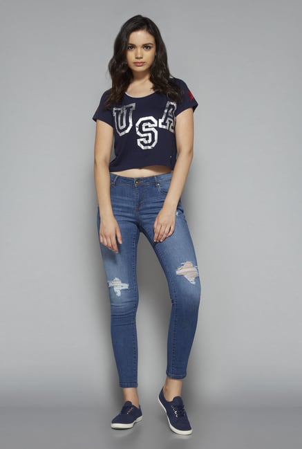 Nuon by Westside Navy Printed Crop Top Nuon by Westside Navy Printed Crop Top