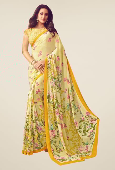 Salwar Studio Lemon Yellow & Pink Floral Print Saree Salwar Studio Lemon Yellow & Pink Floral Print Saree