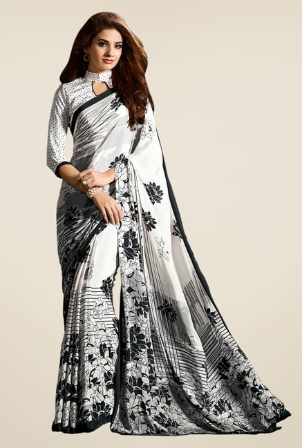 Salwar Studio White & Black Floral Print Saree Salwar Studio White & Black Floral Print Saree