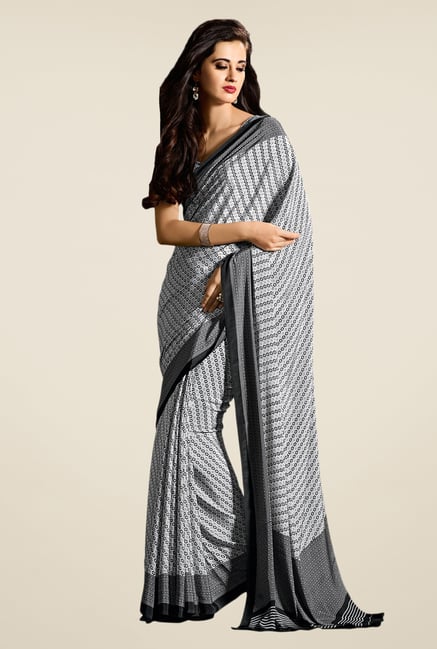 Salwar Studio Black & White Floral Print Saree Salwar Studio Black & White Floral Print Saree