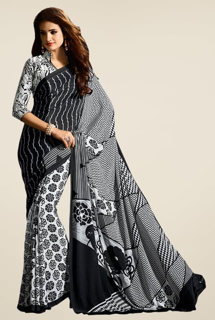 Salwar Studio Black & White Floral Print Saree Salwar Studio Black & White Floral Print Saree