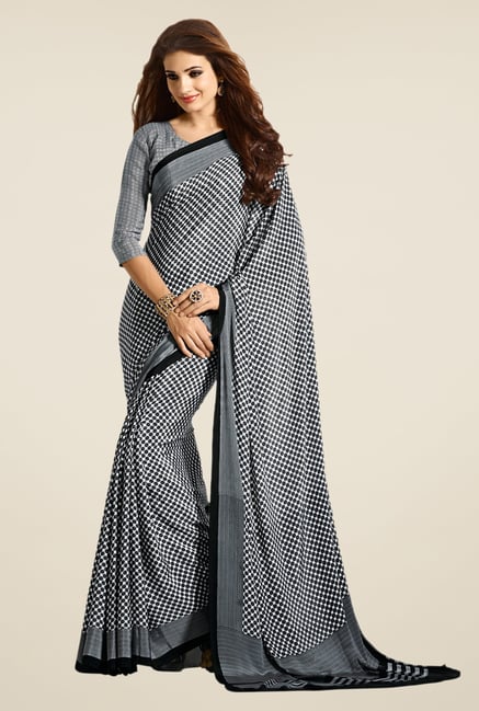 Salwar Studio Black & White Floral Print Saree Salwar Studio Black & White Floral Print Saree