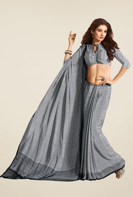 Salwar Studio Black & White Floral Print Saree Salwar Studio Black & White Floral Print Saree