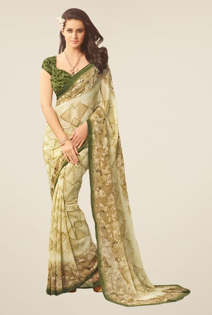 Salwar Studio Mehendi Green & Bronze Floral Print Saree Salwar Studio Mehendi Green & Bronze Floral Print Saree