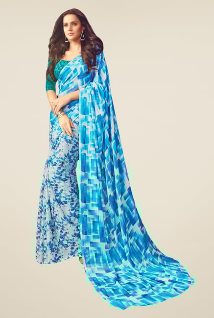 Salwar Studio Blue & White Floral Print Saree Salwar Studio Blue & White Floral Print Saree