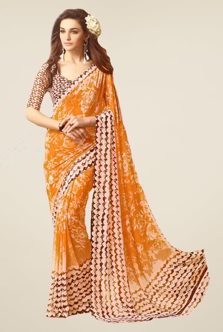 Salwar Studio Orange & Brown Floral Print Saree Salwar Studio Orange & Brown Floral Print Saree
