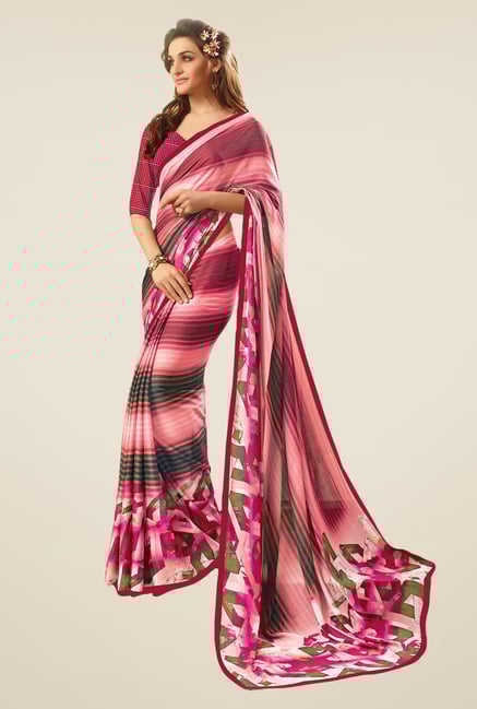 Salwar Studio Pink & Wine Striped Saree Salwar Studio Pink & Wine Striped Saree