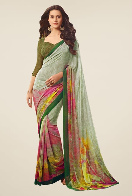Salwar Studio Green & Pink Floral Print Saree Salwar Studio Green & Pink Floral Print Saree