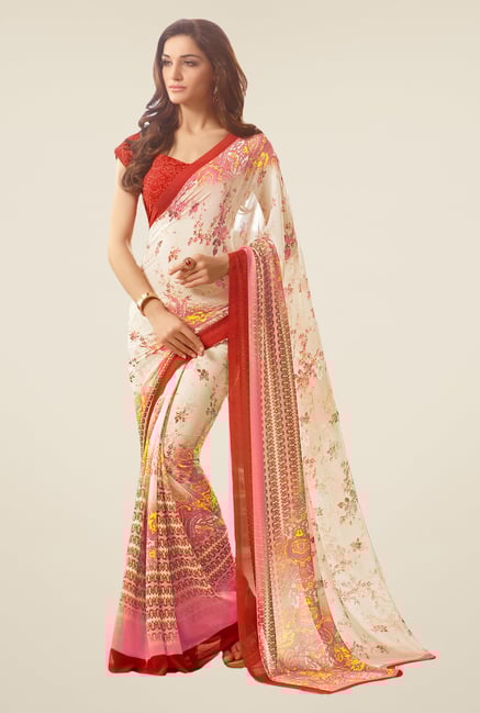 Salwar Studio Off White & Red Floral Print Saree Salwar Studio Off White & Red Floral Print Saree