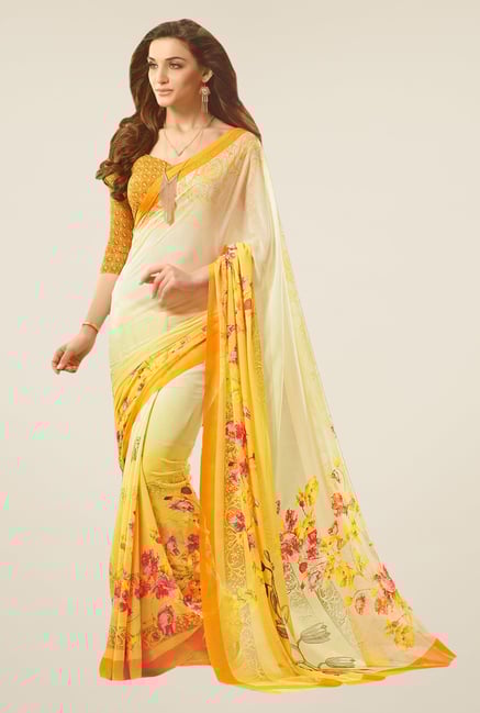 Salwar Studio Yellow Floral Print Saree Salwar Studio Yellow Floral Print Saree