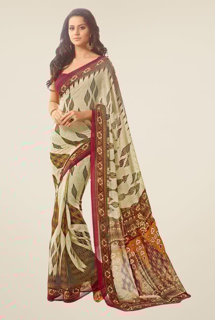 Salwar Studio Beige & Maroon Printed Saree Salwar Studio Beige & Maroon Printed Saree