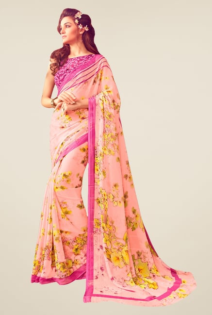 Salwar Studio Light Pink & Yellow Floral Print Saree Salwar Studio Light Pink & Yellow Floral Print Saree