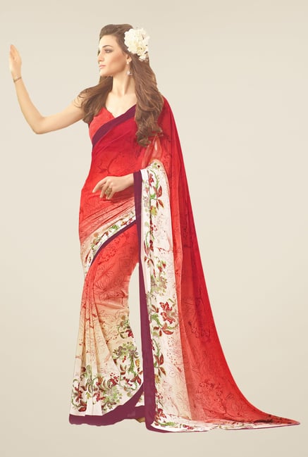 Salwar Studio Red & White Floral Print Saree Salwar Studio Red & White Floral Print Saree
