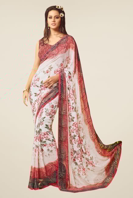 Salwar Studio White & Red Floral Print Saree Salwar Studio White & Red Floral Print Saree