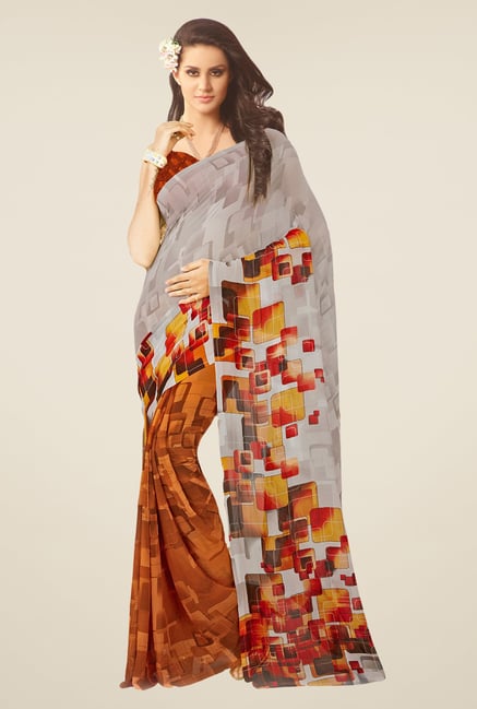 Salwar Studio Grey & Brown Geometric Print Saree Salwar Studio Grey & Brown Geometric Print Saree