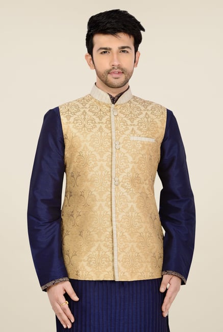Manyavar Beige Self Print Nehru Jacket Manyavar Beige Self Print Nehru Jacket