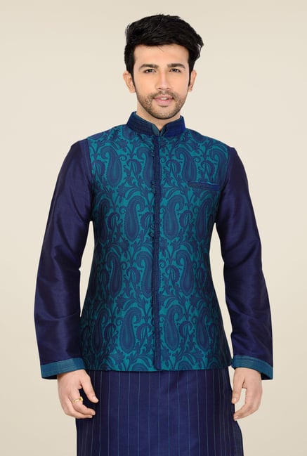 Manyavar Turquoise Paisley Print Nehru Jacket Manyavar Turquoise Paisley Print Nehru Jacket