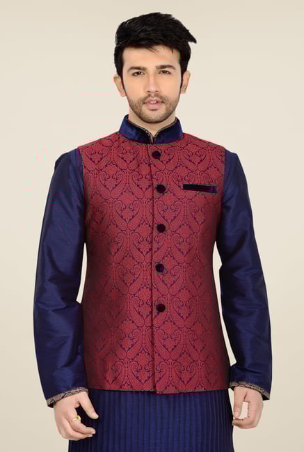 Manyavar Red Paisley Print Nehru Jacket Manyavar Red Paisley Print Nehru Jacket